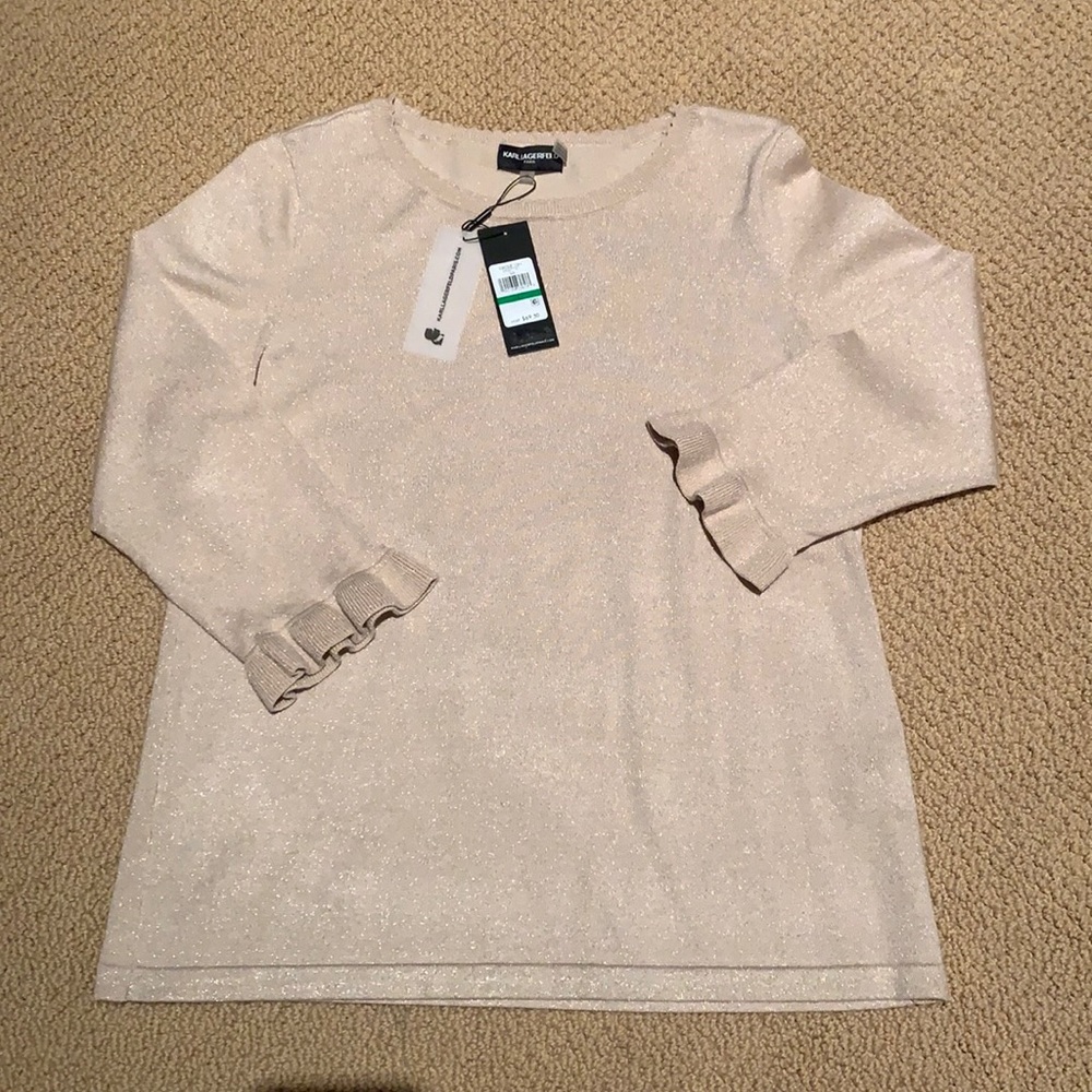 NWT! Karl Lagerfeld shimmery soft gold 3/4 sleeve sweater sz L w/ scallop detail